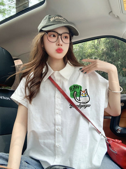 White cartoon short-sleeved shirt for women, summer 2025 new style, loose and casual, trendy brand niche top/shirt.