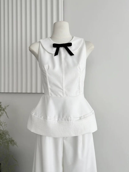 Doleme 2024 Summer Fashion Outfit French White Sleeveless Waist Top Wide Leg Casual Pants