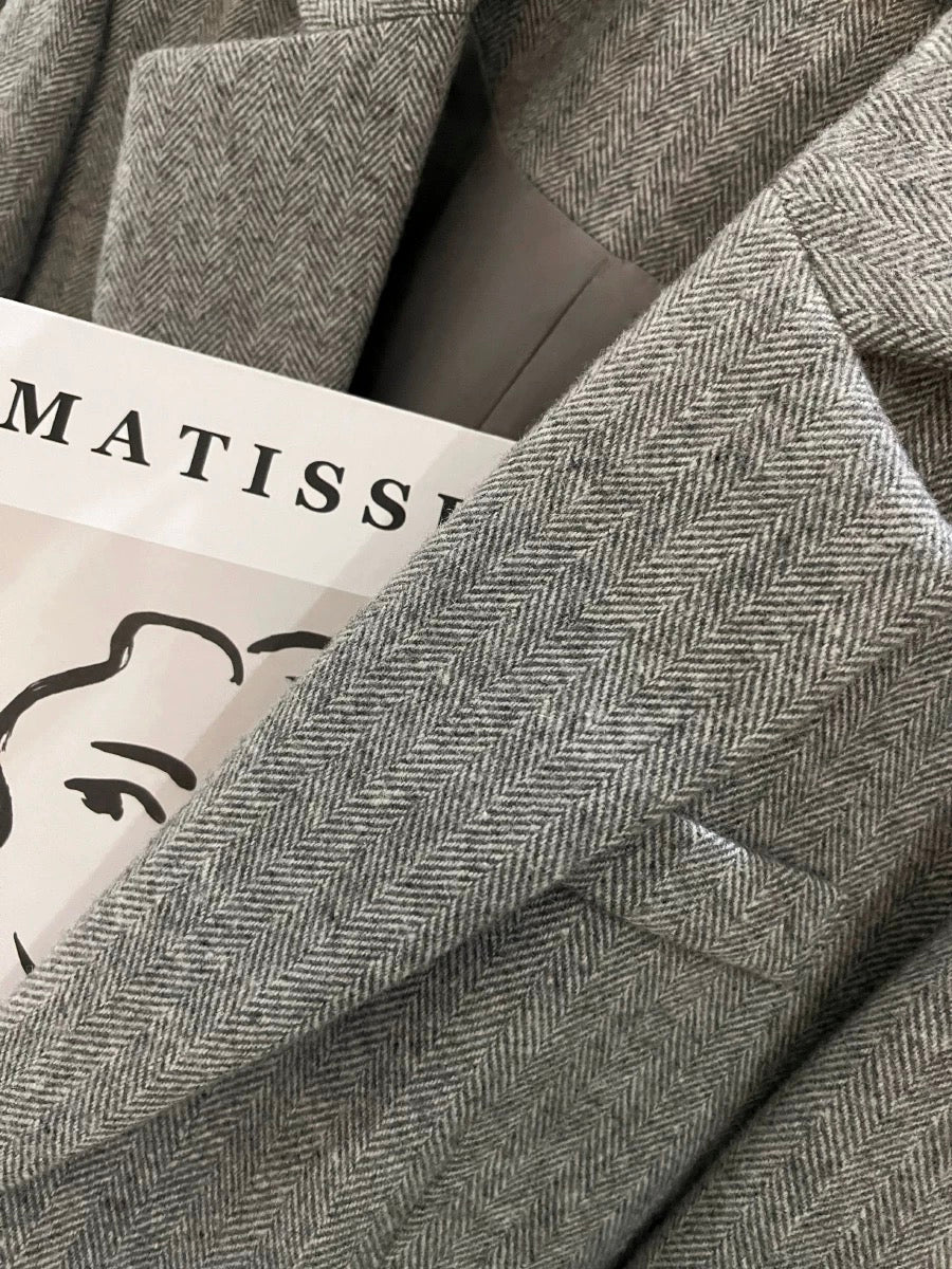 Grey herringbone wool blazer for women, new autumn/winter 2025 style, trendy Korean-style suit jacket.