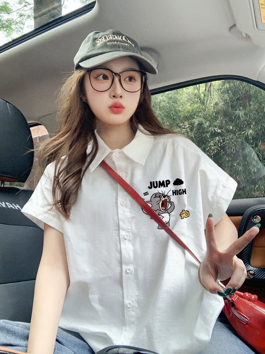 White short-sleeved shirt with small flutter sleeves for women, summer 2025 new style, loose and lazy trendy top and shirt.