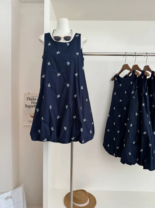 Korean style sweet embroidered bow vest dress for women summer high-end loose slimming A-line puffy skirt