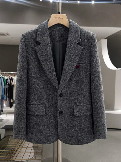 Grey textured wool suit jacket for women, new autumn and winter style, chic, high-end, niche, fashionable suit.