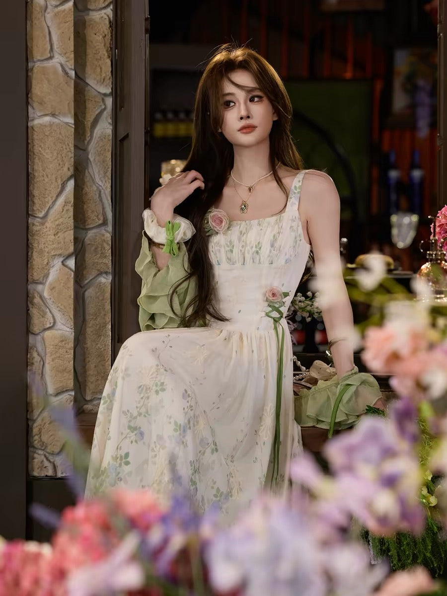 TUNTUN Spring/Summer "Green Vine Sprite" French-style camisole dress featuring a botanical print and a pastoral, forest-inspired aesthetic.