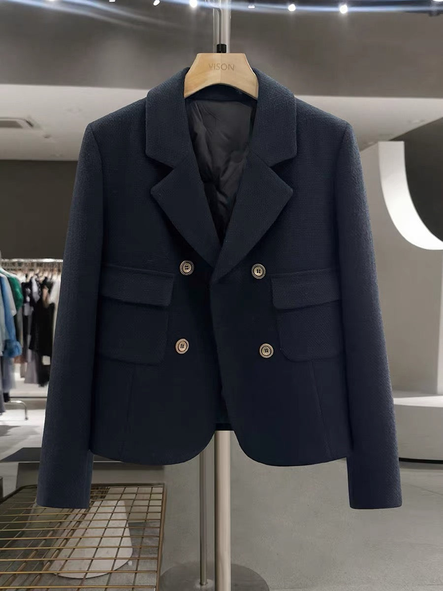 Navy blue preppy style down-lined blazer for women, 2025 new winter style, popular for petite women.