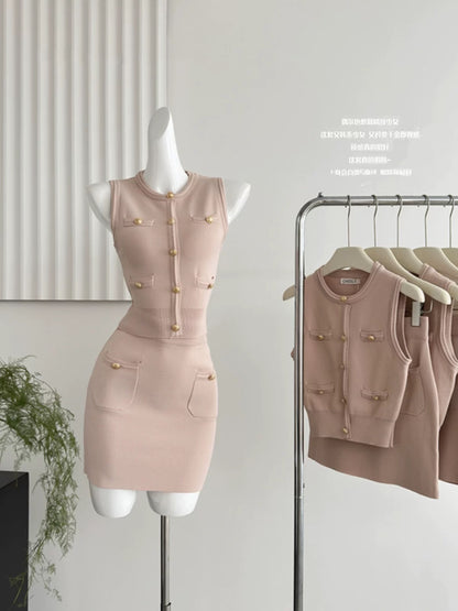 Dolemei Korean style sleeveless hyperbolic knitted fashion suit two-piece for women