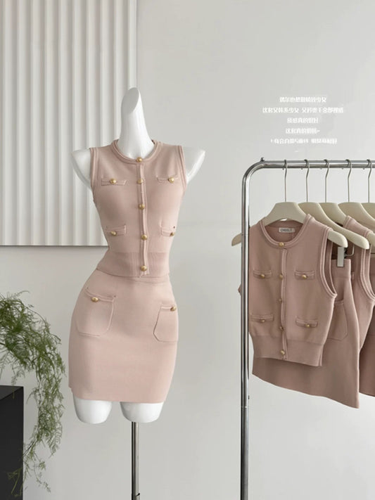 Dolemei Korean style sleeveless hyperbolic knitted fashion suit two-piece for women