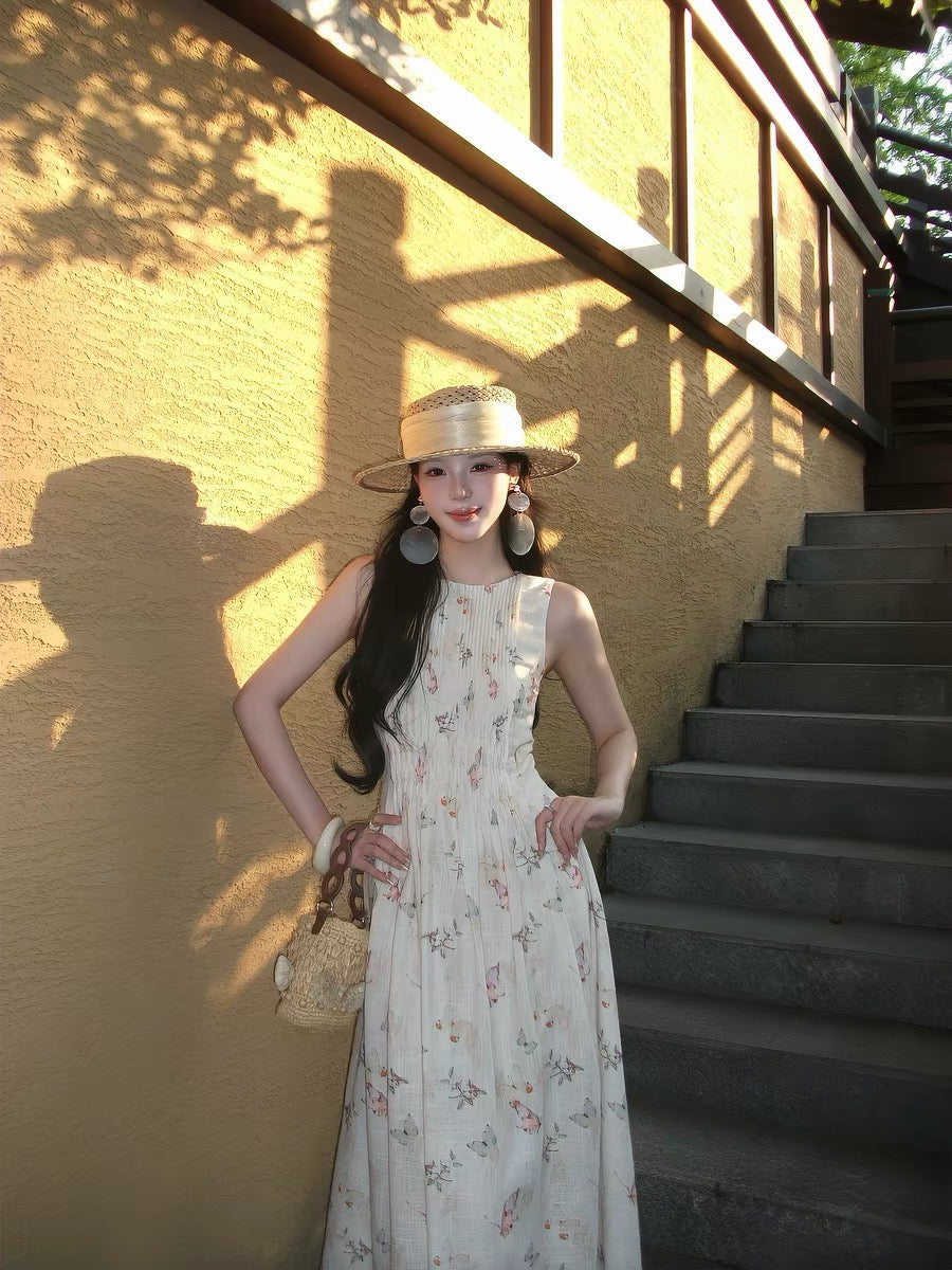 ICELOLLY Stunning & Unique Sleeveless Floral Dress with Waist-Cinching Fit – A Beautiful, Distinctive Summer Piece