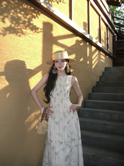 ICELOLLY Stunning & Unique Sleeveless Floral Dress with Waist-Cinching Fit – A Beautiful, Distinctive Summer Piece