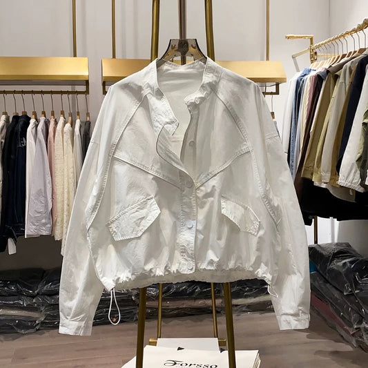 [Xiao Ai's stall real shot] Spring Korean style stand-up collar loose cotton lantern sleeve jacket women's splicing short jacket
