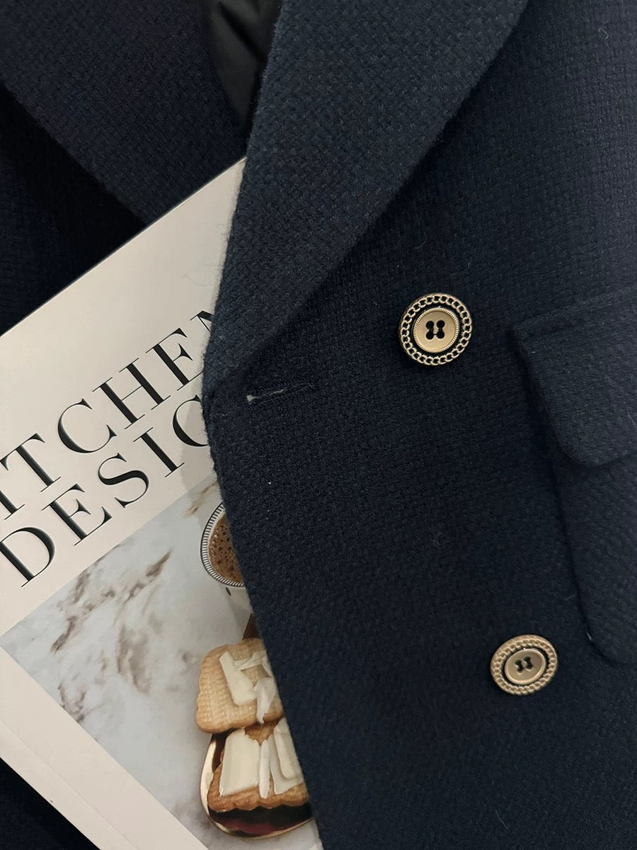 Navy blue preppy style down-lined blazer for women, 2025 new winter style, popular for petite women.