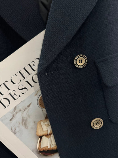Navy blue preppy style down-lined blazer for women, 2025 new winter style, popular for petite women.