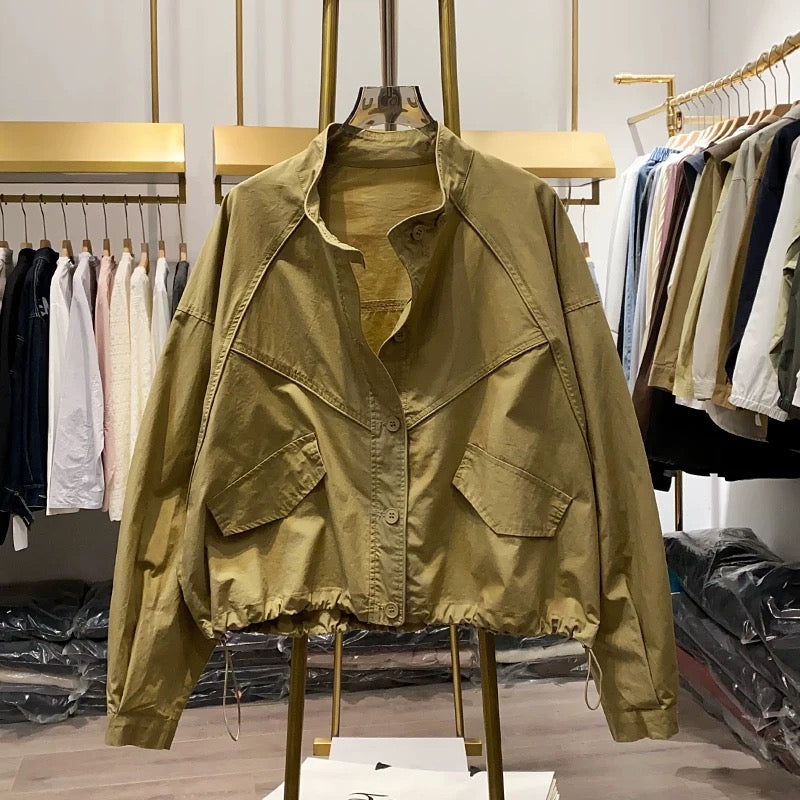 [Xiao Ai's stall real shot] Spring Korean style stand-up collar loose cotton lantern sleeve jacket women's splicing short jacket