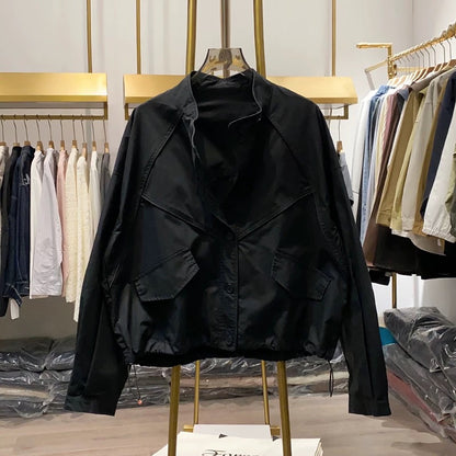 [Xiao Ai's stall real shot] Spring Korean style stand-up collar loose cotton lantern sleeve jacket women's splicing short jacket