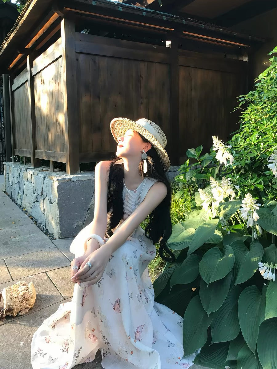 ICELOLLY Stunning & Unique Sleeveless Floral Dress with Waist-Cinching Fit – A Beautiful, Distinctive Summer Piece