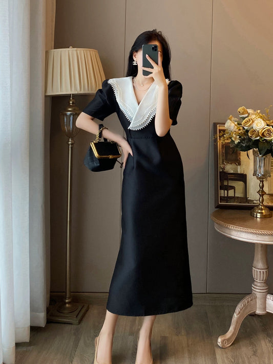 Black dress for women summer new French retro Hepburn style little black dress V-neck temperament slim slimming long skirt