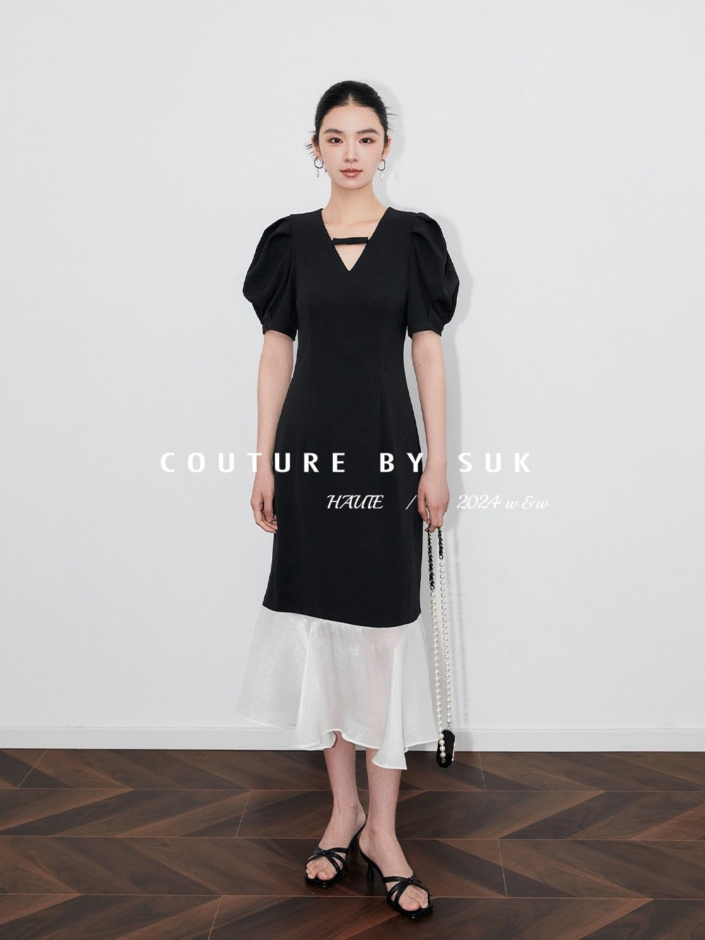 SUK Night Sonata! French V-neck small bow tie waist fishtail splicing gauze skirt puff sleeve dress