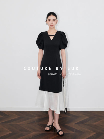 SUK Night Sonata! French V-neck small bow tie waist fishtail splicing gauze skirt puff sleeve dress
