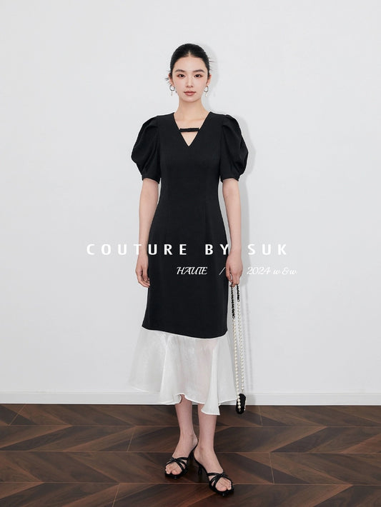 SUK Night Sonata! French V-neck small bow tie waist fishtail splicing gauze skirt puff sleeve dress