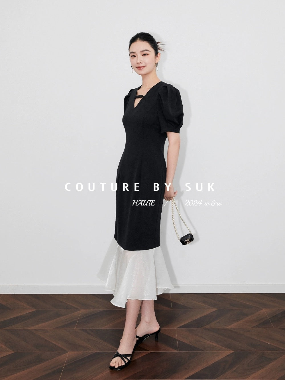 SUK Night Sonata! French V-neck small bow tie waist fishtail splicing gauze skirt puff sleeve dress