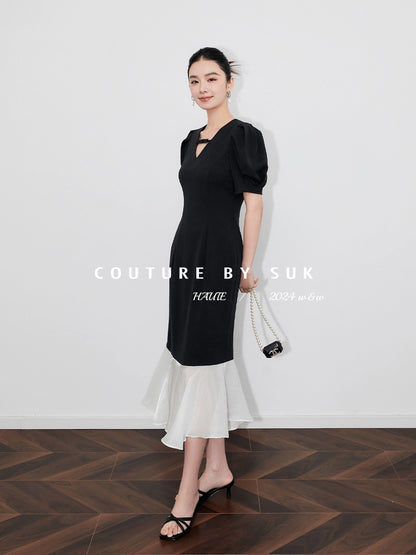 SUK Night Sonata! French V-neck small bow tie waist fishtail splicing gauze skirt puff sleeve dress
