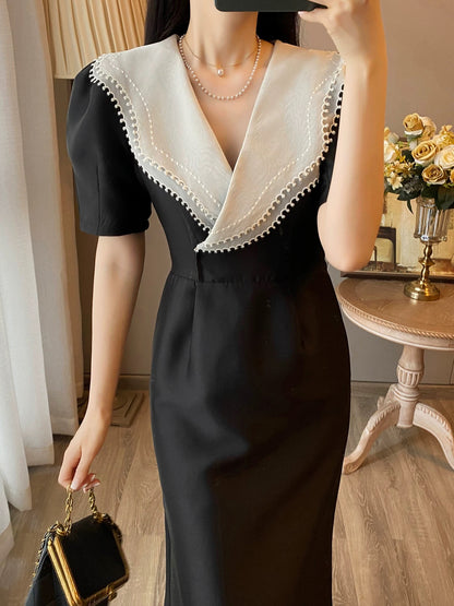 Black dress for women summer new French retro Hepburn style little black dress V-neck temperament slim slimming long skirt