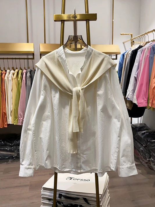 [Xiao Ai stall real shot] Spring new Korean style versatile stand collar loose shirt women's shawl two-piece shirt