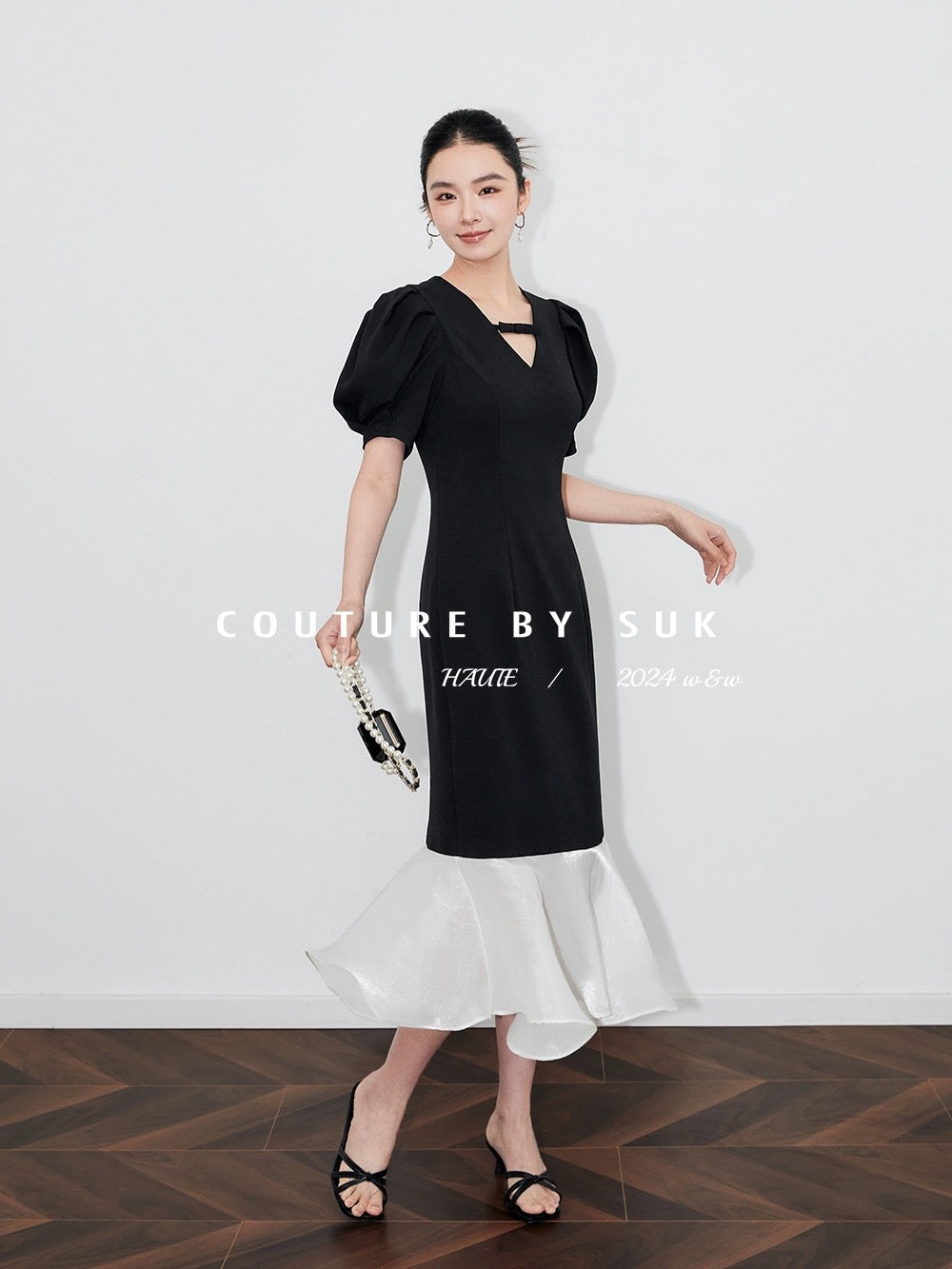 SUK Night Sonata! French V-neck small bow tie waist fishtail splicing gauze skirt puff sleeve dress