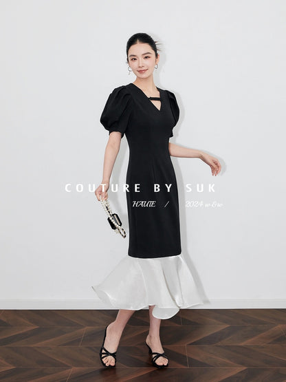 SUK Night Sonata! French V-neck small bow tie waist fishtail splicing gauze skirt puff sleeve dress