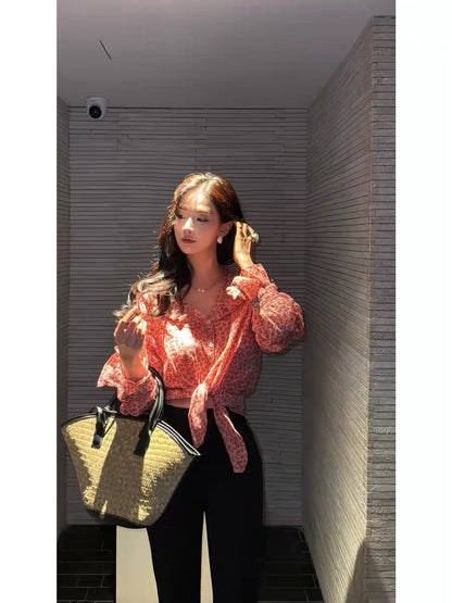 Lida NEW DADADA "Old Dreams in Silk" – Women's French-style ruffled chiffon blouse; elegant V-neck, slimming fit.