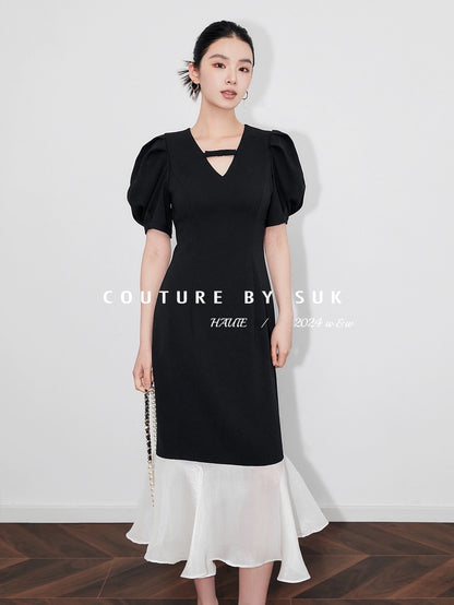 SUK Night Sonata! French V-neck small bow tie waist fishtail splicing gauze skirt puff sleeve dress