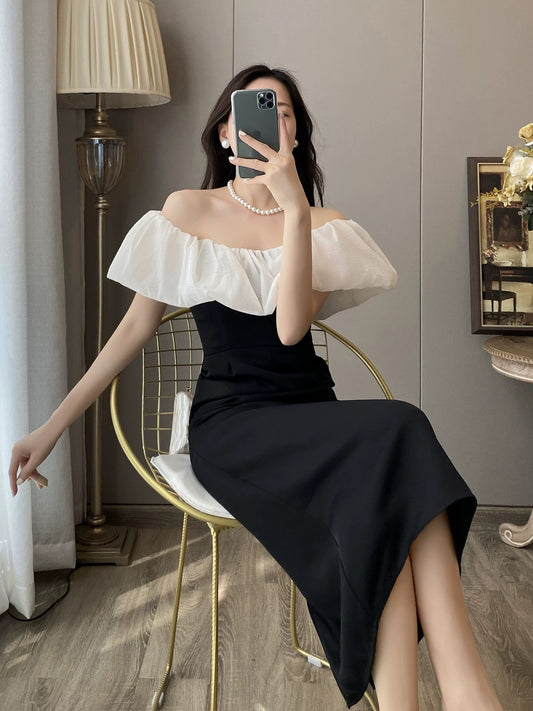 French retro Hepburn style niche high-end high-waist slim one-line collar dress ladylike temperament long skirt for women summer