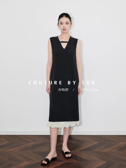 SUK to the simple little black dress! French sleeveless tie design hem patchwork little black skirt shift dress