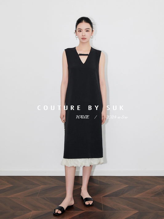SUK to the simple little black dress! French sleeveless tie design hem patchwork little black skirt shift dress