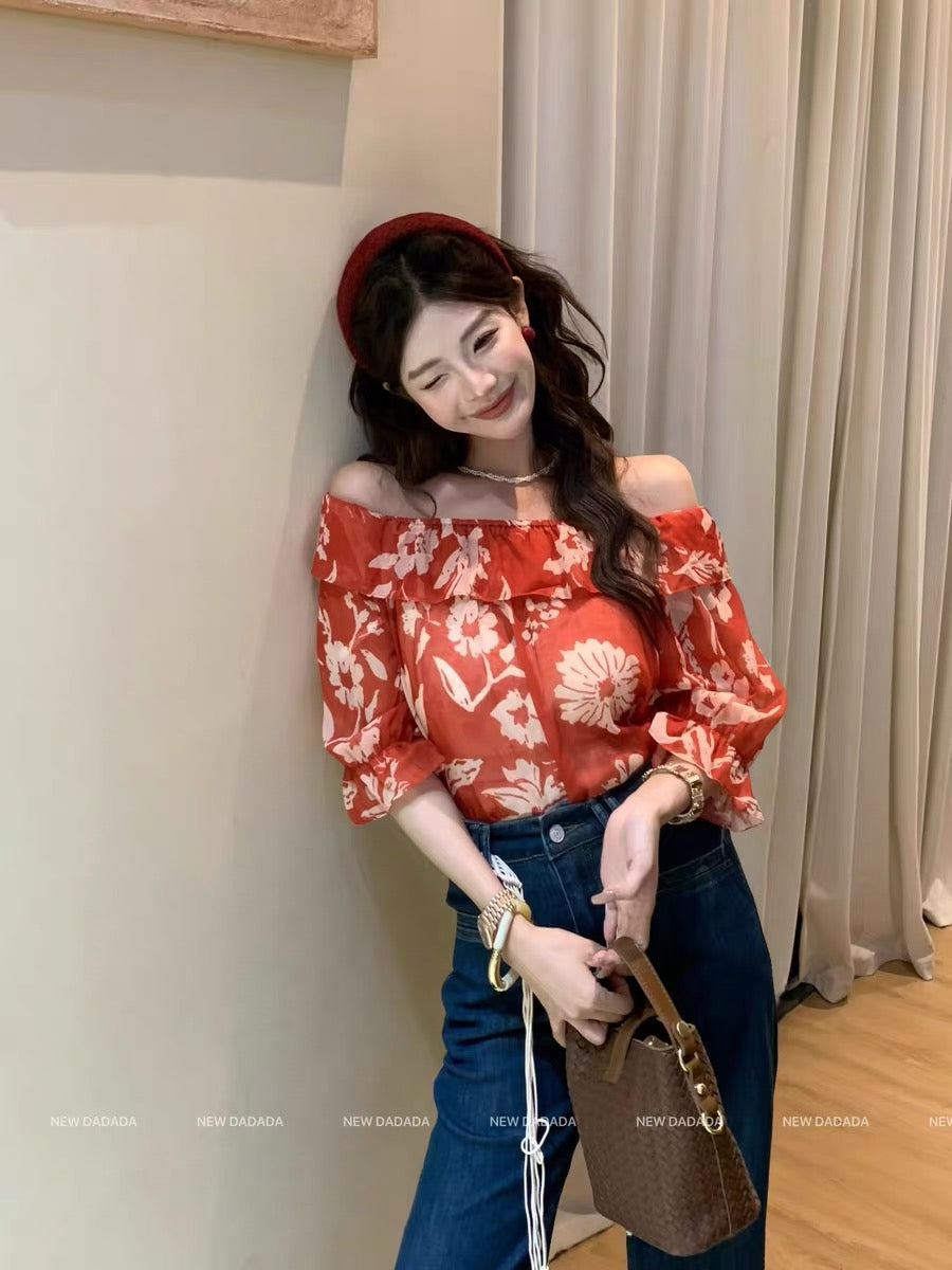 Lida NEW DADADA – Off-shoulder ruffled top with French-style vintage red print (Affordable luxury)