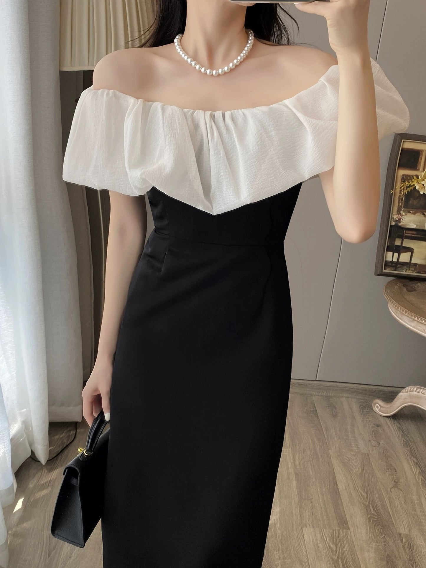French retro Hepburn style niche high-end high-waist slim one-line collar dress ladylike temperament long skirt for women summer