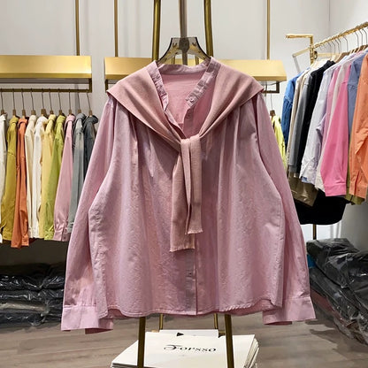 [Xiao Ai stall real shot] Spring new Korean style versatile stand collar loose shirt women's shawl two-piece shirt