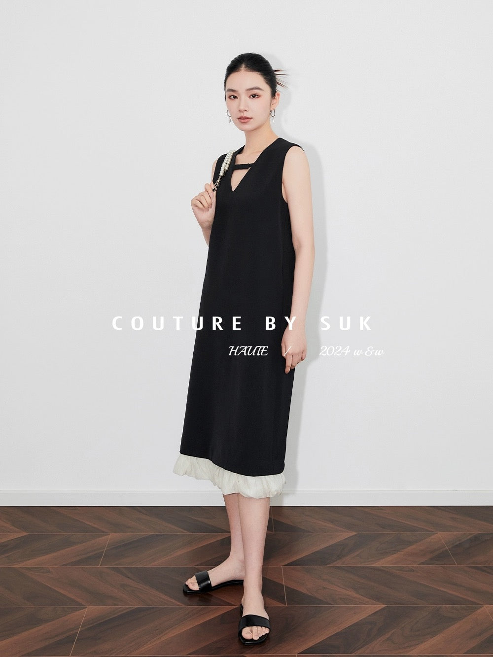 SUK to the simple little black dress! French sleeveless tie design hem patchwork little black skirt shift dress