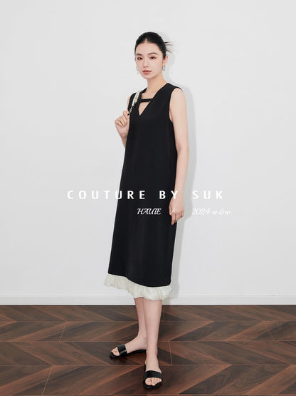 SUK to the simple little black dress! French sleeveless tie design hem patchwork little black skirt shift dress