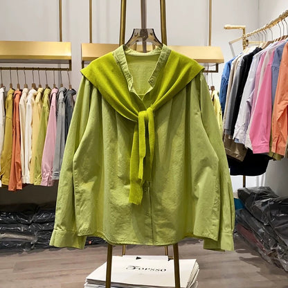[Xiao Ai stall real shot] Spring new Korean style versatile stand collar loose shirt women's shawl two-piece shirt