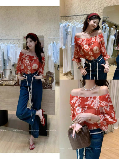 Lida NEW DADADA – Off-shoulder ruffled top with French-style vintage red print (Affordable luxury)