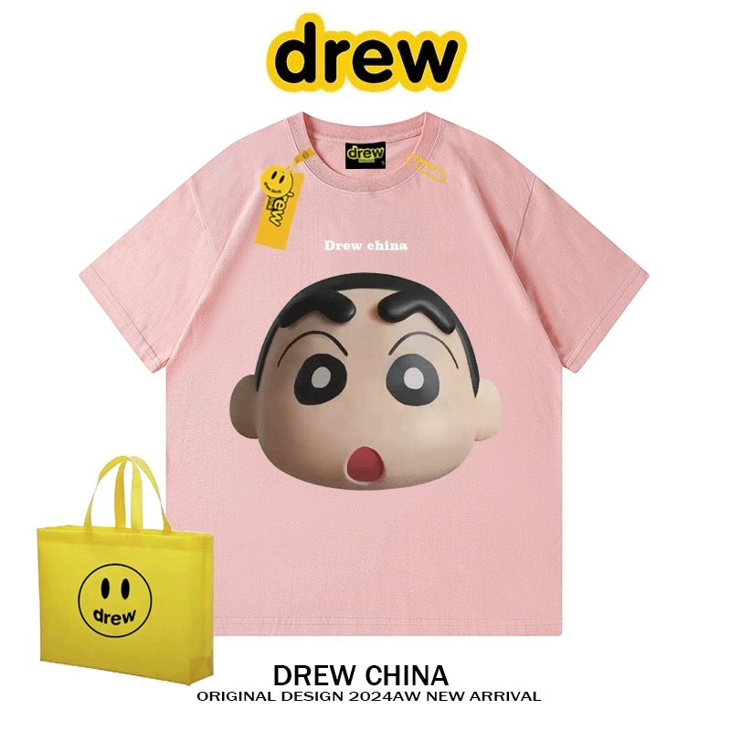 drew American trendy brand design cartoon printed short-sleeved T-shirt for men and women loose bf style niche couple half-sleeved INS