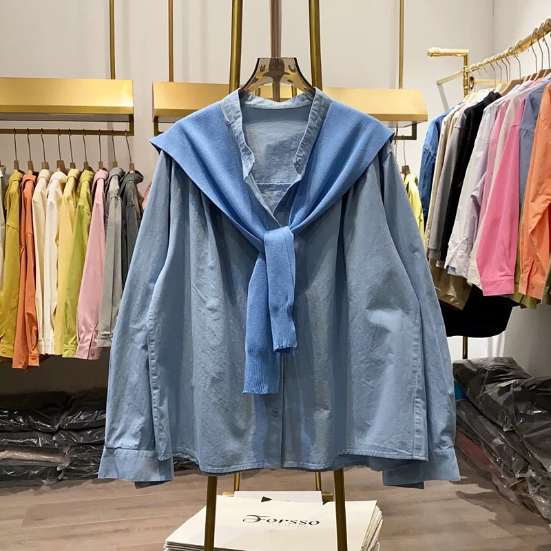 [Xiao Ai stall real shot] Spring new Korean style versatile stand collar loose shirt women's shawl two-piece shirt