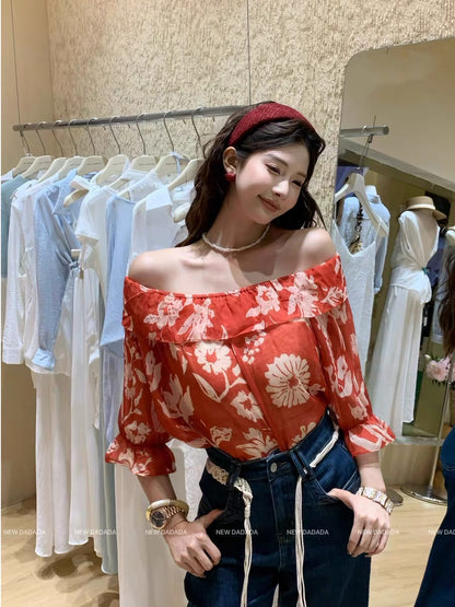 Lida NEW DADADA – Off-shoulder ruffled top with French-style vintage red print (Affordable luxury)