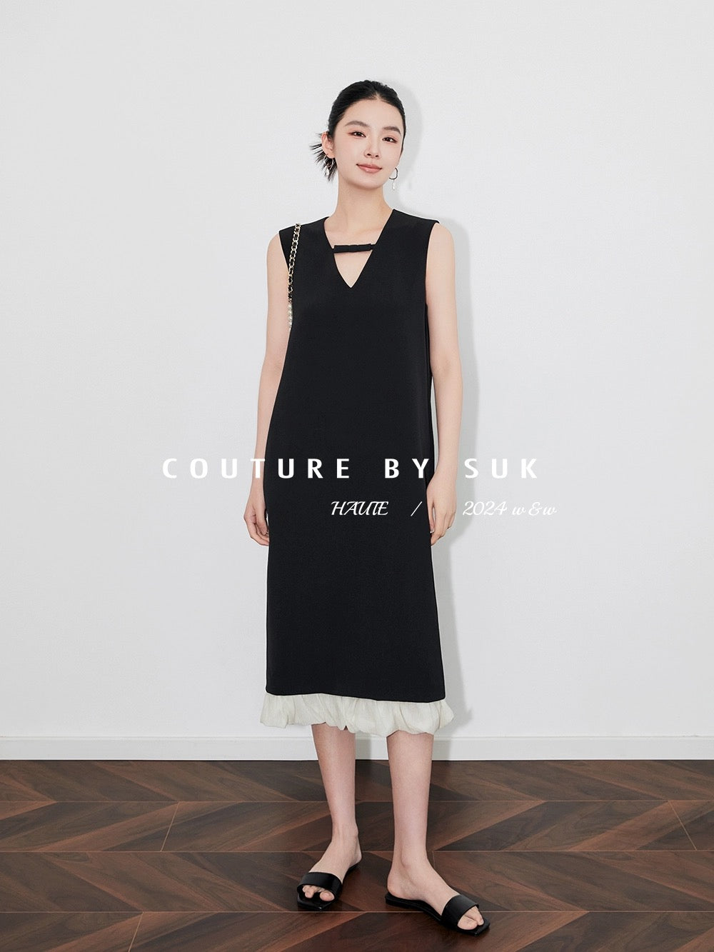 SUK to the simple little black dress! French sleeveless tie design hem patchwork little black skirt shift dress