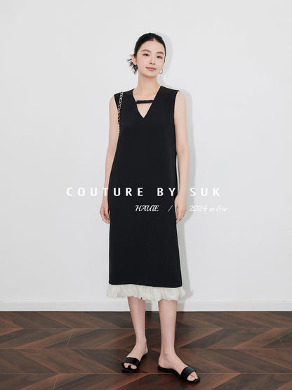 SUK to the simple little black dress! French sleeveless tie design hem patchwork little black skirt shift dress