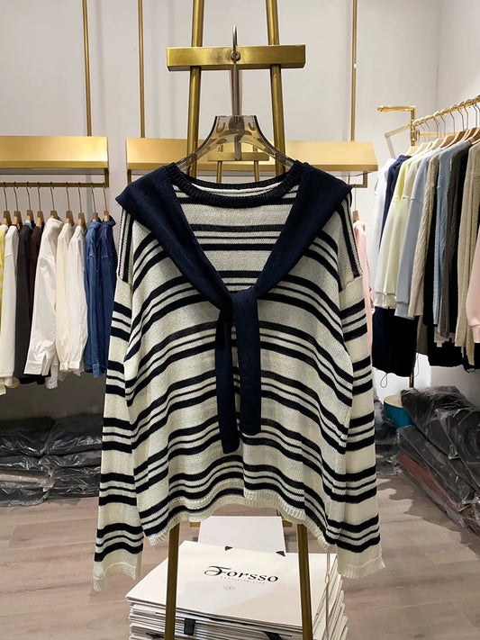 [Xiao Ai stall real shot] Early spring striped shawl sweater women's 2025 new retro loose top