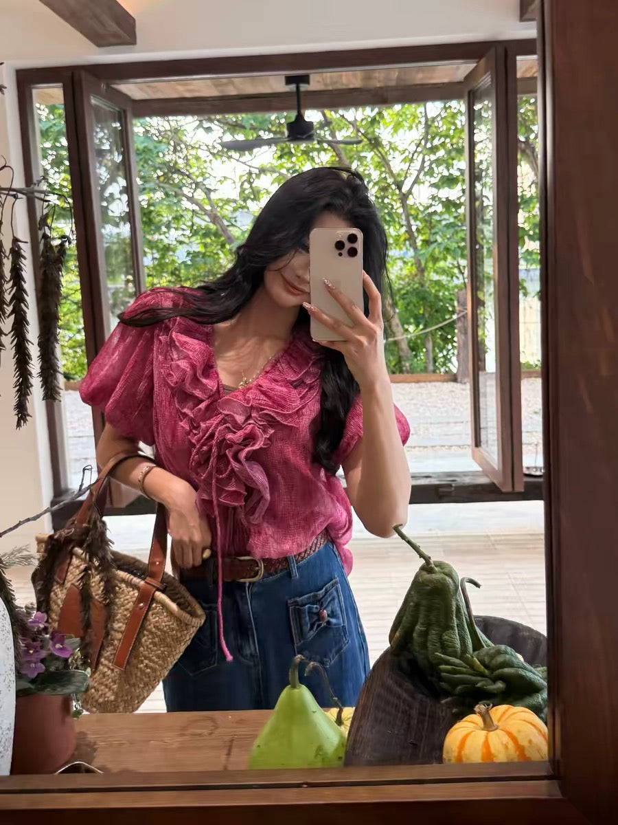 Lida NEW DADADA [Raspberry Pink Bubble-Sleeve Tee] Women's Ruffle-Collar Shirt – A Stylish, Affordable Luxury Top