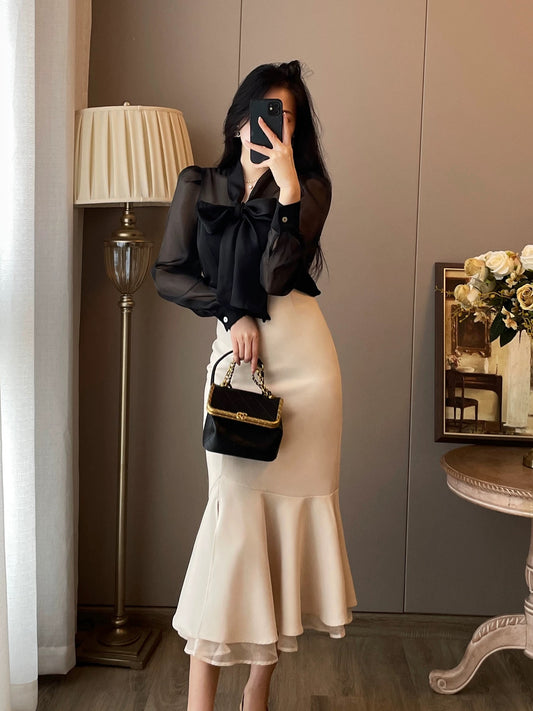 Satin high-end long-sleeved shirt black 2024 autumn new women's bow shirt design niche