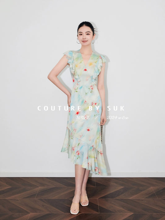 SUK The clear water is shining! Silk mulberry silk smudged ruffled small flying sleeve dress for women to slim down