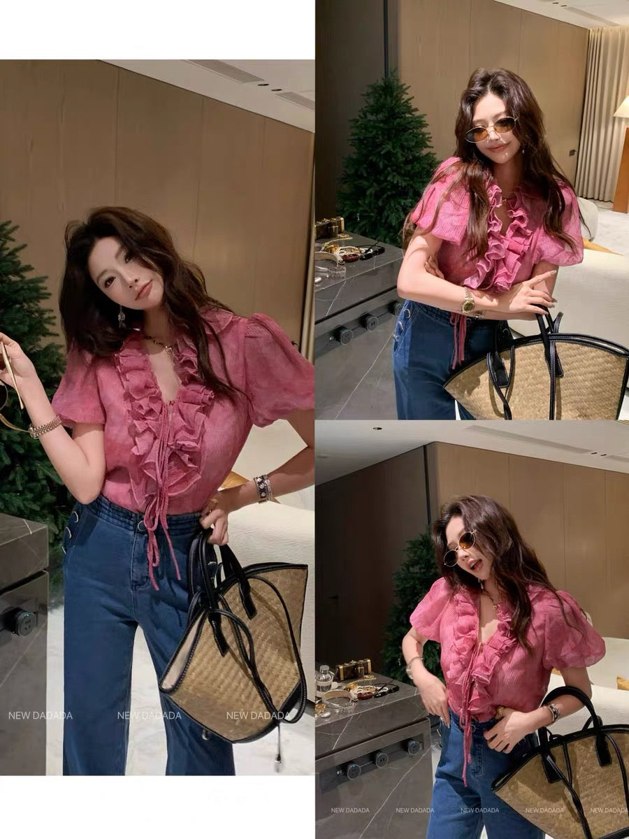 Lida NEW DADADA [Raspberry Pink Bubble-Sleeve Tee] Women's Ruffle-Collar Shirt – A Stylish, Affordable Luxury Top
